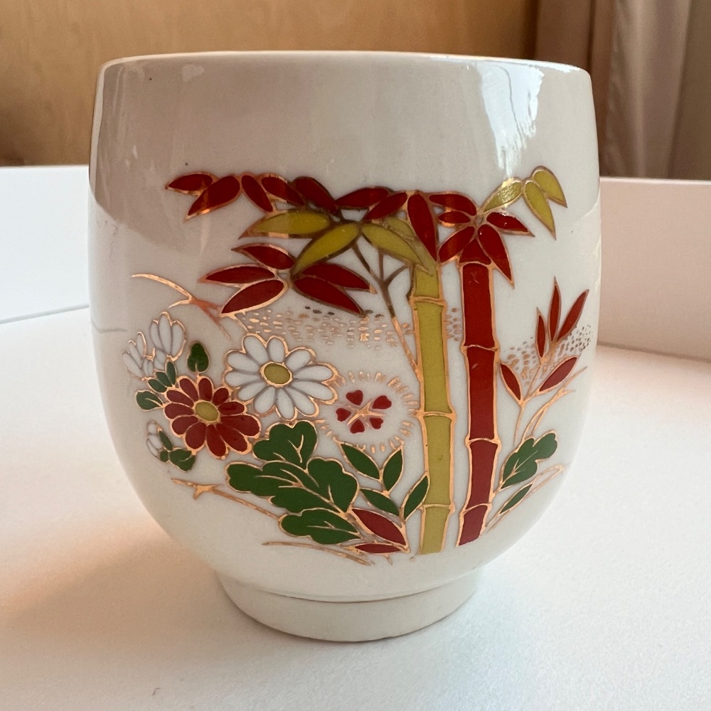 Vintage Hand painted Armbee Sake Tea Cup | Japan Bamboo Floral | Red Gold Green